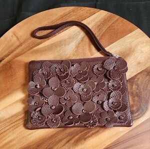 Punto Fibbia Bag Brown Leather Floral Clutch/Wristlet.